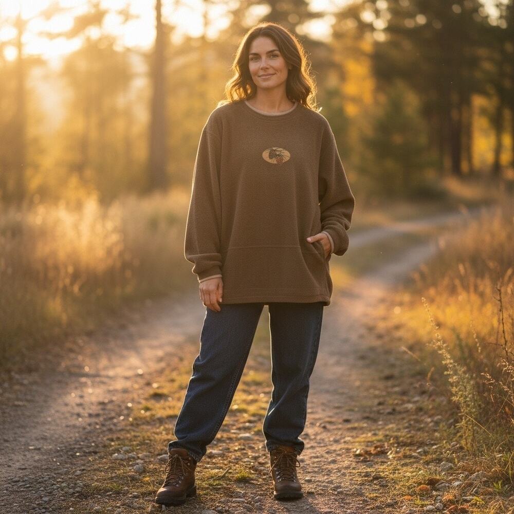 Expressions XL Brown Crewneck Fleece Sweatshirt Embroidered Pinecone Vintage 90s